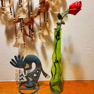 Vtg Vase "At Home America" Green Glass Tall Slender Satin Rose